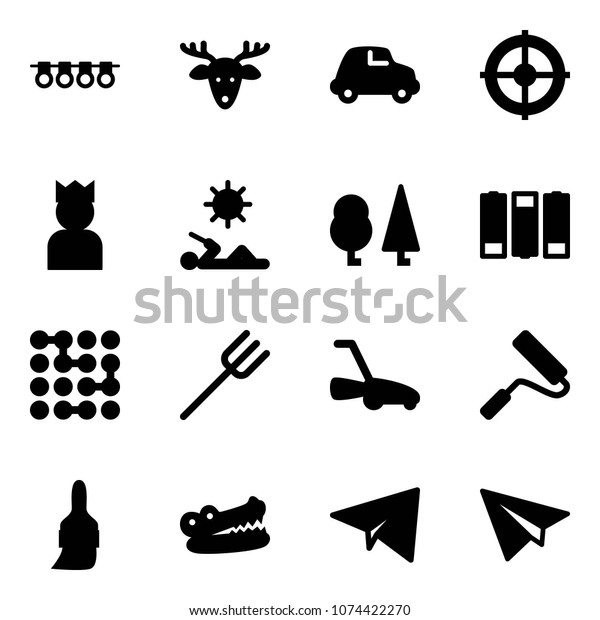 Solid vector\
icon set - garland vector, christmas deer, car, target, king,\
reading, forest, battery, circuit, farm fork, lawn mower, paint\
roller, brush, crocodile, paper\
plane