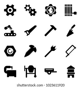 Solid vector icon set - gear vector, globe, sun panel, conveyor, saw, hammer, trowel, nut, screw, wood drill, metal hacksaw, machine tool, cocncrete mixer, trailer, toy block house