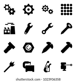 Solid vector icon set - gear vector, circuit, plant, wrench, screw, bolt, nut, wood drill, machine tool, winch, laser lever