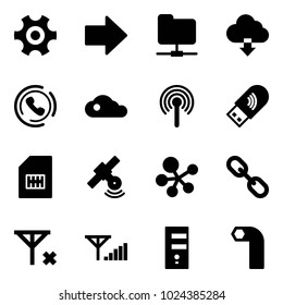 Solid vector icon set - gear vector, right arrow, network folder, download cloud, phone horn, antenna, usb wi fi, sim, satellite, molecule, link, no signal, fine, server, allen key