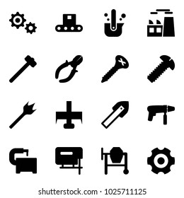 Solid vector icon set - gear vector, conveyor, casting of steel, plant, sledgehammer, side cutters, screw, wood drill, milling cutter, tile, machine, tool, jig saw, cocncrete mixer