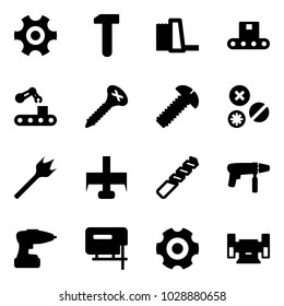 Solid vector icon set - gear vector, work, water power plant, conveyor, screw, rivet, wood drill, milling cutter, machine, jig saw, sharpening