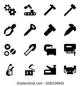 Solid vector icon set - gear vector, conveyor, hammer, sledgehammer, side cutters, screw, bolt, rivet, tile drill, machine tool, jig saw, winch, welding, stapler, sharpening