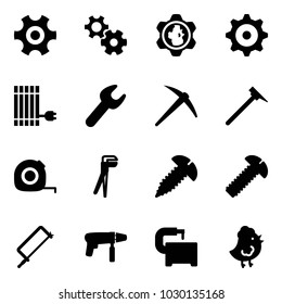 Solid vector icon set - gear vector, globe, sun panel, wrench, axe, mason hammer, measuring tape, plumber, screw, metal hacksaw, drill machine, tool, chicken toy