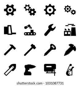 Solid vector icon set - gear vector, water power plant, conveyor, wrench, hammer, sledgehammer, screw, tile drill, jig saw, winch