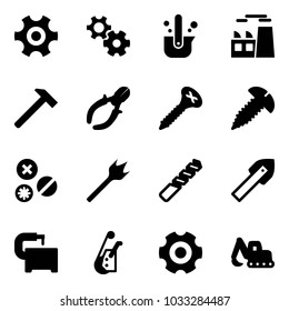 Solid vector icon set - gear vector, casting of steel, plant, hammer, side cutters, screw, rivet, wood drill, tile, machine tool, winch, excavator toy