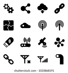 Solid vector icon set - gear vector, share, download cloud, link, puzzle, antenna, usb wi fi, router, satellite, molecule, no signal, fine, allen key