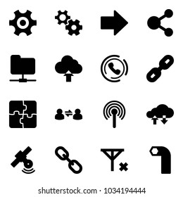 Solid vector icon set - gear vector, right arrow, share, network folder, upload cloud, phone horn, link, puzzle, information exchange, antenna, data, satellite, no signal, allen key