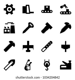 Solid vector icon set - gear vector, water power plant, conveyor, screw, bolt, milling cutter, drill, crown, tile, winch, stapler
