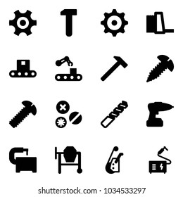 Solid vector icon set - gear vector, work, water power plant, conveyor, hammer, screw, rivet, drill, machine tool, cocncrete mixer, winch, welding