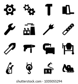 Solid vector icon set - gear vector, work, water power plant, wrench, wood drill, tile, machine, tool, cocncrete mixer, winch, welding, excavator toy