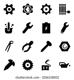 Solid vector icon set - gear vector, globe, sun panel, casting of steel, wrench, battery, plumber, side cutters, nail, nut, screw, saw disk, welding, oiler