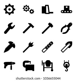 Solid vector icon set - gear vector, water power plant, conveyor, wrench, hammer, sledgehammer, side cutters, screw, wood drill, tile, machine, tool, cocncrete mixer, winch