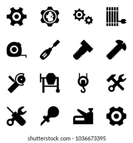 Solid vector icon set - gear vector, globe, sun panel, measuring tape, chisel, bolt, screw, Angular grinder, cocncrete mixer, winch, wrench hammer, screwdriver, oiler, stapler
