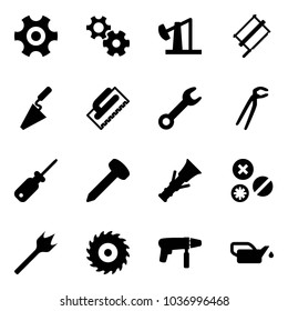 Solid vector icon set - gear vector, oil derrick, bucksaw, trowel, wrench, plumber, screwdriver, nail, dowel, rivet, wood drill, saw disk, machine, oiler