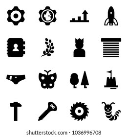 Solid vector icon set - gear vector, globe, growth arrow, rocket, contact book, golden branch, king, jalousie, swimsuit, butterfly, forest, sand castle, hammer, screw, saw disk, toy caterpillar