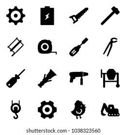 Solid vector icon set - gear vector, battery, saw, sledgehammer, bucksaw, measuring tape, chisel, plumber, screwdriver, dowel, drill machine, cocncrete mixer, winch, chicken toy, excavator