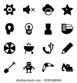 Solid vector icon set - gear vector, volume off, refresh cloud, star, head bulb, business idea, king, hotel, parasol, grill, phone, pencil, shovel, robot, boomerang, excavator toy