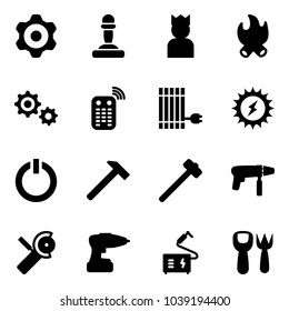 Solid vector icon set - gear vector, pawn, king, fire, remote control, sun panel, power, standby button, hammer, sledgehammer, drill machine, Angular grinder, welding, shovel fork toy