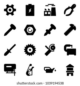 Solid vector icon set - gear vector, battery, plant, side cutters, nail, nut, dowel, screw, clinch, saw disk, Angular grinder, machine tool, jig, winch, oiler, toy block house