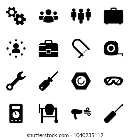 Solid vector icon set - gear vector, group, case, star man, fretsaw, measuring tape, wrench, screwdriver, nut, protective glasses, multimeter, cocncrete mixer, dryer, awl