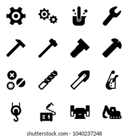 Solid vector icon set - gear vector, casting of steel, wrench, hammer, sledgehammer, bolt, screw, rivet, drill, tile, winch, welding, sharpening, excavator toy
