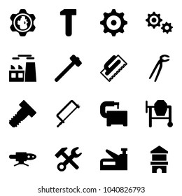Solid vector icon set - gear globe vector, work, plant, sledgehammer, trowel, plumber, bolt, metal hacksaw, machine tool, cocncrete mixer, pipe welding, wrench hammer, stapler, toy block house
