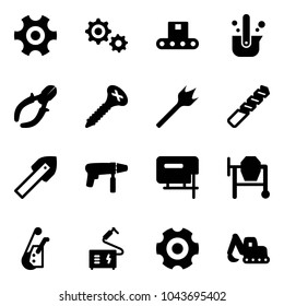 Solid vector icon set - gear vector, conveyor, casting of steel, side cutters, screw, wood drill, tile, machine, jig saw, cocncrete mixer, winch, welding, excavator toy