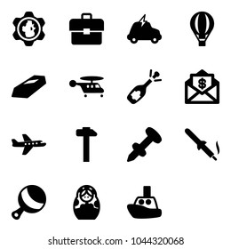 Solid vector icon set - gear globe vector, portfolio, electric car, air balloon, gold, helicopter, fizz opening, mail dollar, plane, hammer, nail dowel, soldering iron, beanbag, russian doll