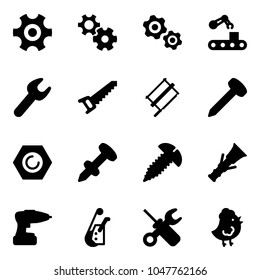 Solid vector icon set - gear vector, gears, conveyor, wrench, saw, bucksaw, nail, nut, dowel, screw, drill, winch, screwdriver, chicken toy