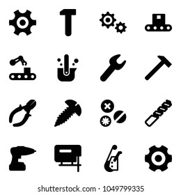 Solid vector icon set - gear vector, work, conveyor, casting of steel, wrench, hammer, side cutters, screw, rivet, drill, jig saw, winch