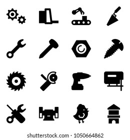 Solid vector icon set - gear vector, water power plant, conveyor, trowel, wrench, nail, nut, screw, saw disk, Angular grinder, drill, jig, screwdriver, sharpening, chicken toy, block house