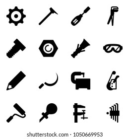Solid vector icon set - gear vector, mason hammer, chisel, plumber, bolt, nut, dowel, protective glasses, pencil, sickle, machine tool, winch, paint roller, oiler, clamp, allen key set