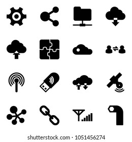 Solid vector icon set - gear vector, share, network folder, download cloud, upload, puzzle, information exchange, antenna, usb wi fi, data, satellite, molecule, link, fine signal, allen key