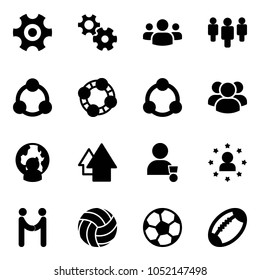 Solid vector icon set - gear vector, group, social, friends, community, man globe, arrow up, winner, star, agreement, volleyball, soccer ball, football