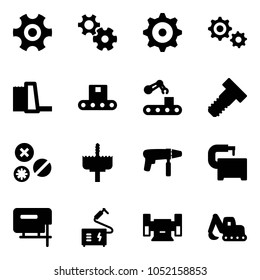 Solid vector icon set - gear vector, water power plant, conveyor, bolt, rivet, crown drill, machine, tool, jig saw, welding, sharpening, excavator toy