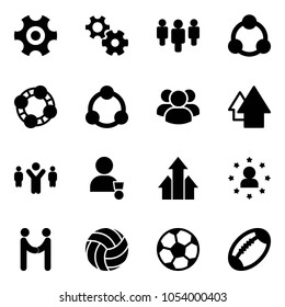 Solid vector icon set - gear vector, group, social, friends, community, arrow up, team leader, winner, arrows, star man, agreement, volleyball, soccer ball, football