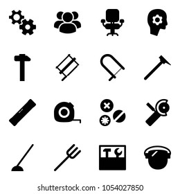 Solid vector icon set - gear vector, group, office chair, brain work, hammer, bucksaw, fretsaw, mason, level, measuring tape, rivet, Angular grinder, hoe, farm fork, tool box, protect glass