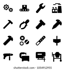 Solid vector icon set - gear vector, conveyor, wrench, plant, hammer, side cutters, bolt, screw, rivet, drill, crown, machine, tool, jig saw, cocncrete mixer