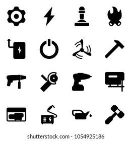 Solid vector icon set - gear vector, lightning, pawn, fire, power bank, standby button, wind mill, hammer, drill machine, Angular grinder, jig saw, generator, welding, oiler, toy