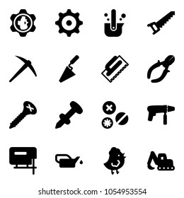 Solid vector icon set - gear globe vector, casting of steel, saw, axe, trowel, side cutters, screw, nail dowel, rivet, drill machine, jig, oiler, chicken toy, excavator