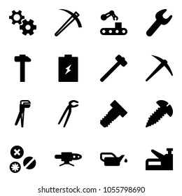 Solid vector icon set - gear vector, job, conveyor, wrench, hammer, battery, sledgehammer, axe, plumber, bolt, screw, rivet, pipe welding, oiler, stapler