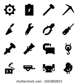 Solid vector icon set - gear vector, battery, sledgehammer, axe, trowel, wrench, side cutters, screwdriver, nail dowel, machine tool, winch, welding, trailer, sharpening, chicken toy