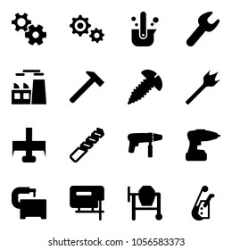 Solid vector icon set - gear vector, casting of steel, wrench, plant, hammer, screw, wood drill, milling cutter, machine, tool, jig saw, cocncrete mixer, winch