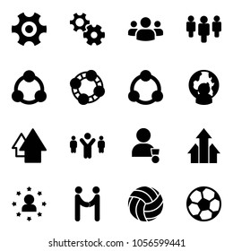 Solid vector icon set - gear vector, group, social, friends, community, man globe, arrow up, team leader, winner, arrows, star, agreement, volleyball, soccer ball