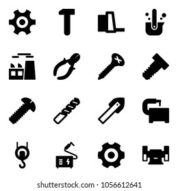 Solid vector icon set - gear vector, work, water power plant, casting of steel, side cutters, screw, bolt, drill, tile, machine tool, winch, welding, sharpening