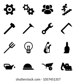Solid vector icon set - gear vector, group, career, sledgehammer, mason hammer, wrench, staple, farm fork, bulb, winch, brush, oiler, construction helmet, wheelbarrow, excavator toy