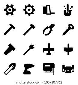 Solid vector icon set - gear vector, water power plant, casting of steel, hammer, sledgehammer, side cutters, screw, bolt, wood drill, milling cutter, crown, tile, jig saw, sharpening