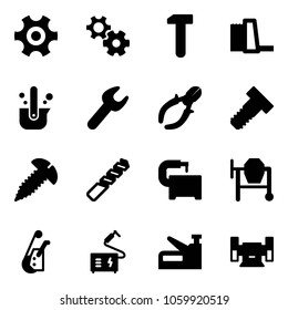 Solid vector icon set - gear vector, work, water power plant, casting of steel, wrench, side cutters, bolt, screw, drill, machine tool, cocncrete mixer, winch, welding, stapler, sharpening