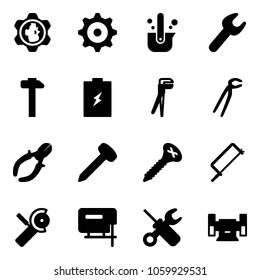 Solid vector icon set - gear globe vector, casting of steel, wrench, hammer, battery, plumber, side cutters, nail, screw, metal hacksaw, Angular grinder, jig saw, screwdriver, sharpening
